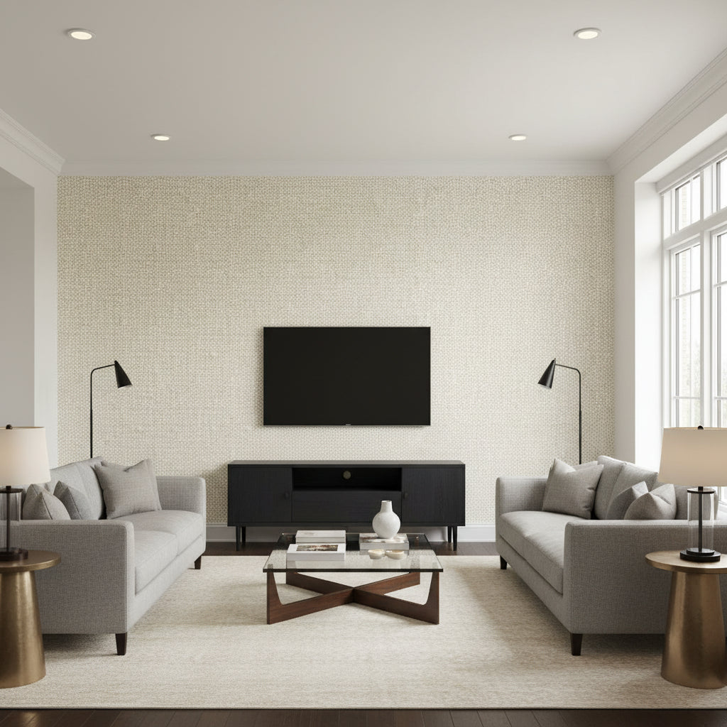Mosaic Silver | Schumacher Wallcovering - Living Room Visualization (AI-generated, may not be to scale. Verify pattern scale with product specifications.)