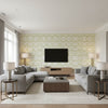 Manor Gate Aloe | Schumacher Wallcovering - Living Room Visualization (AI-generated, may not be to scale. Verify pattern scale with product specifications.)
