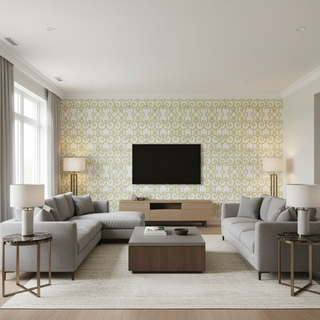 Manor Gate Aloe | Schumacher Wallcovering - Living Room Visualization (AI-generated, may not be to scale. Verify pattern scale with product specifications.)