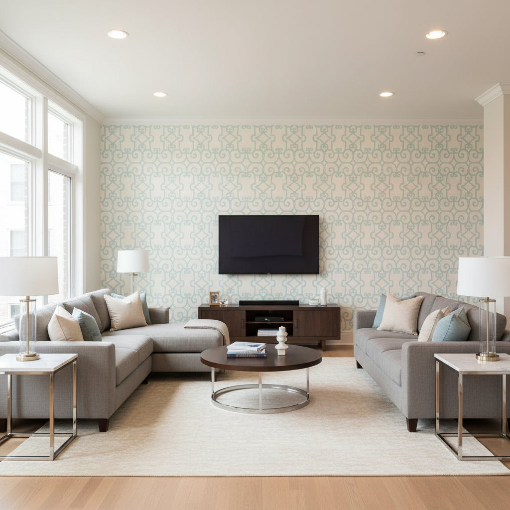 Manor Gate Mineral | Schumacher Wallcovering - Living Room Visualization (AI-generated, may not be to scale. Verify pattern scale with product specifications.)