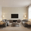 Manor Gate Sand | Schumacher Wallcovering - Living Room Visualization (AI-generated, may not be to scale. Verify pattern scale with product specifications.)