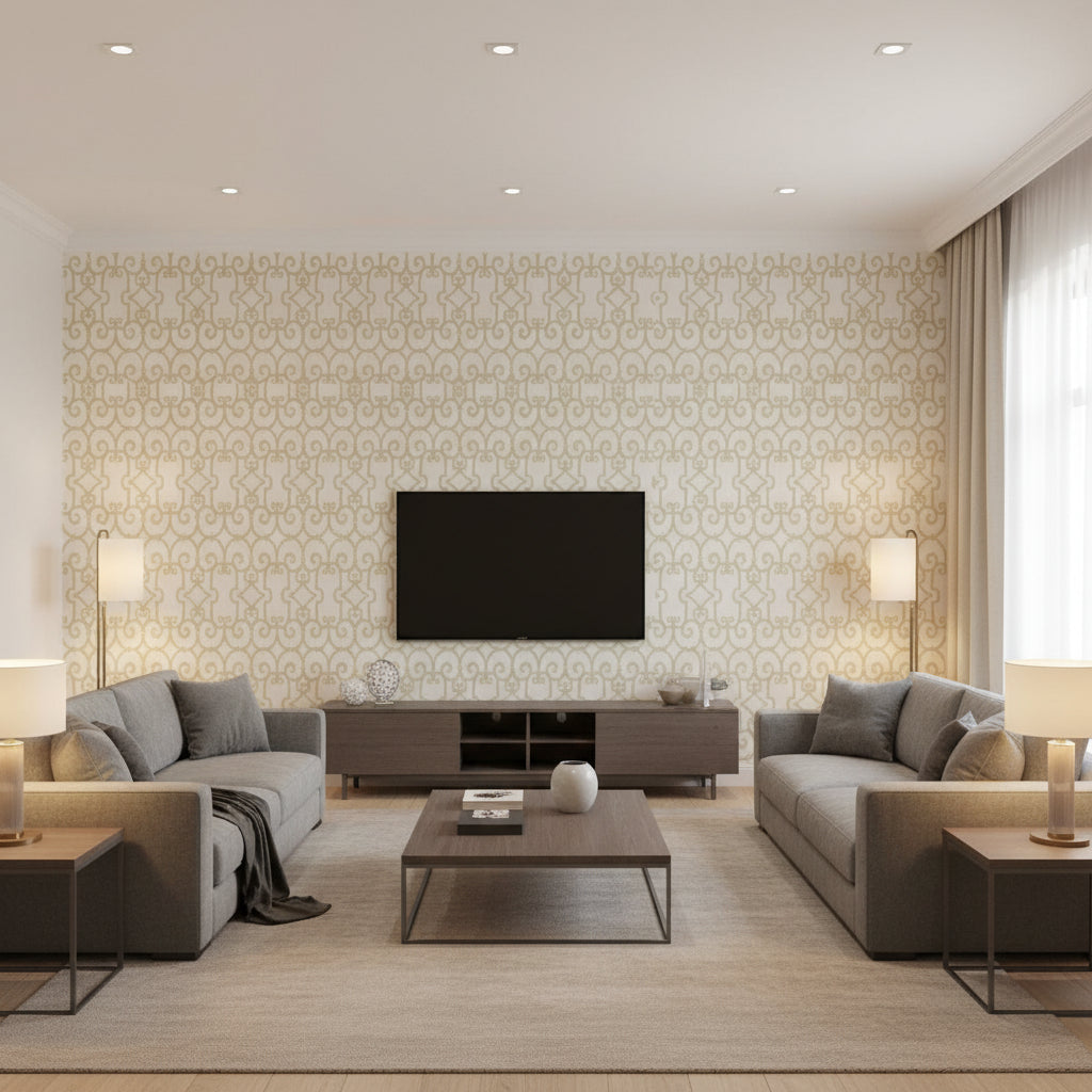 Manor Gate Sand | Schumacher Wallcovering - Living Room Visualization (AI-generated, may not be to scale. Verify pattern scale with product specifications.)