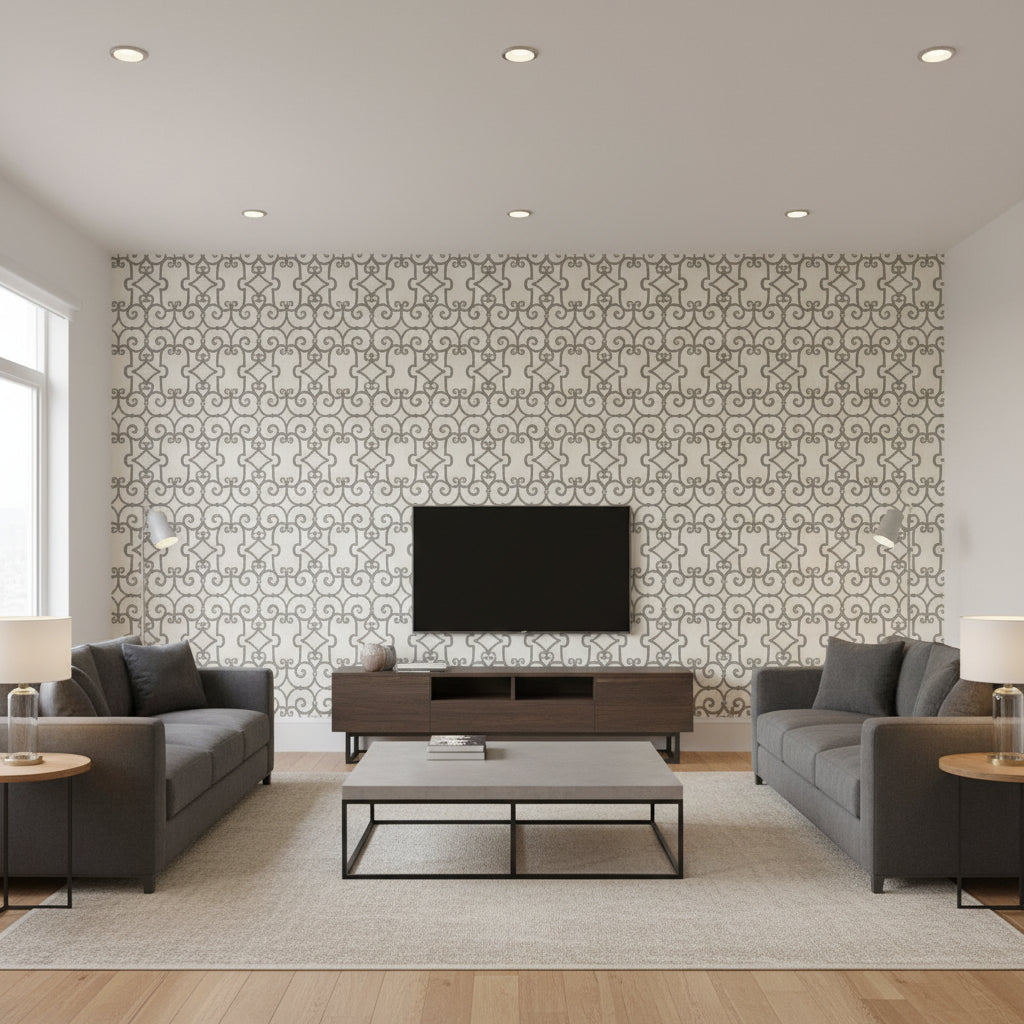 Manor Gate Charcoal | Schumacher Wallcovering - Living Room Visualization (AI-generated, may not be to scale. Verify pattern scale with product specifications.)