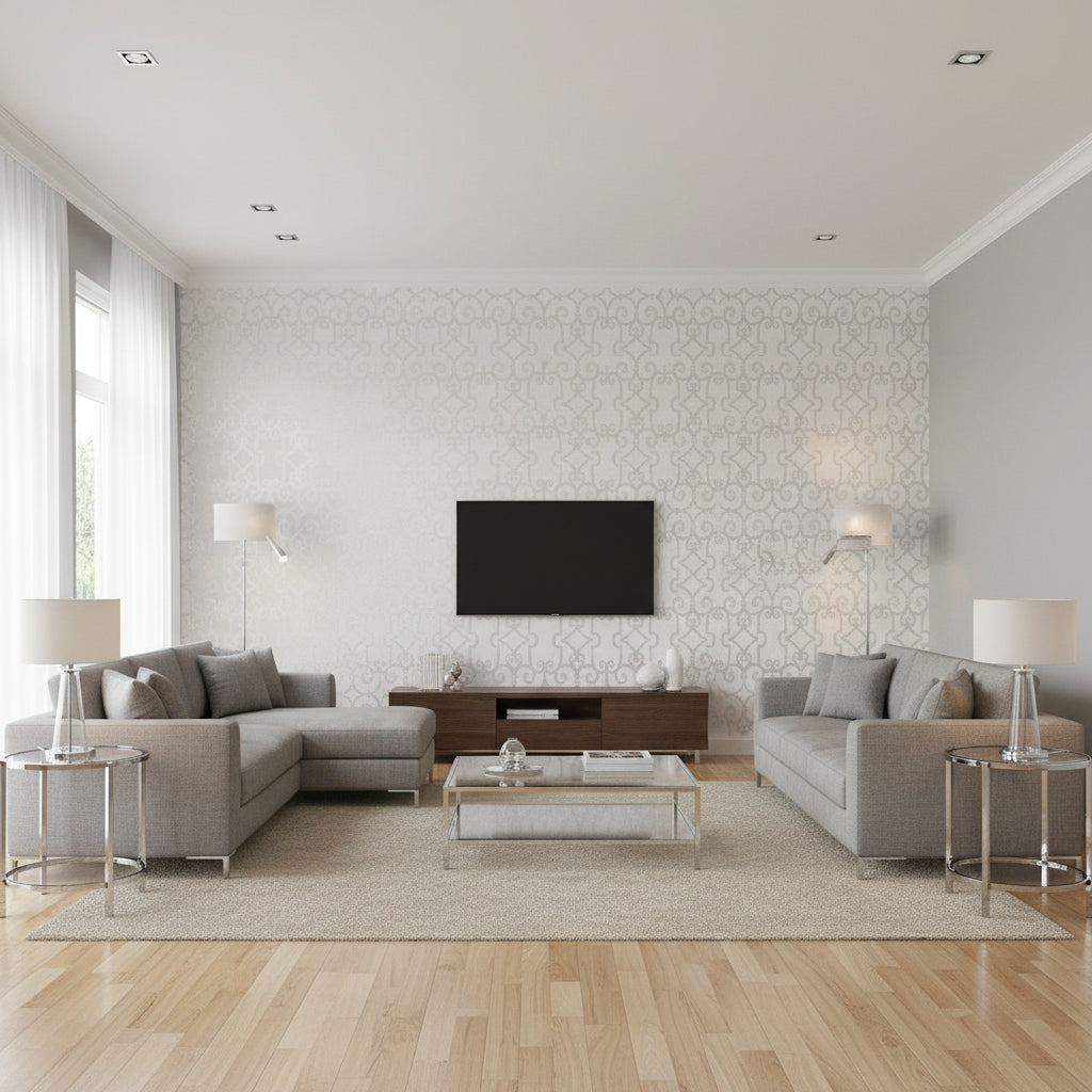 Manor Gate Silver | Schumacher Wallcovering - Living Room Visualization (AI-generated, may not be to scale. Verify pattern scale with product specifications.)