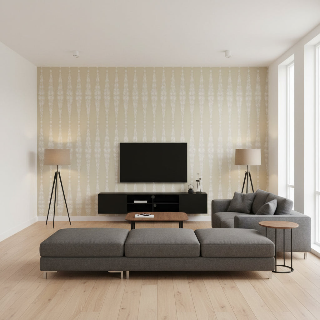 Fern Tree Bone | Schumacher Wallcovering - Living Room Visualization (AI-generated, may not be to scale. Verify pattern scale with product specifications.)