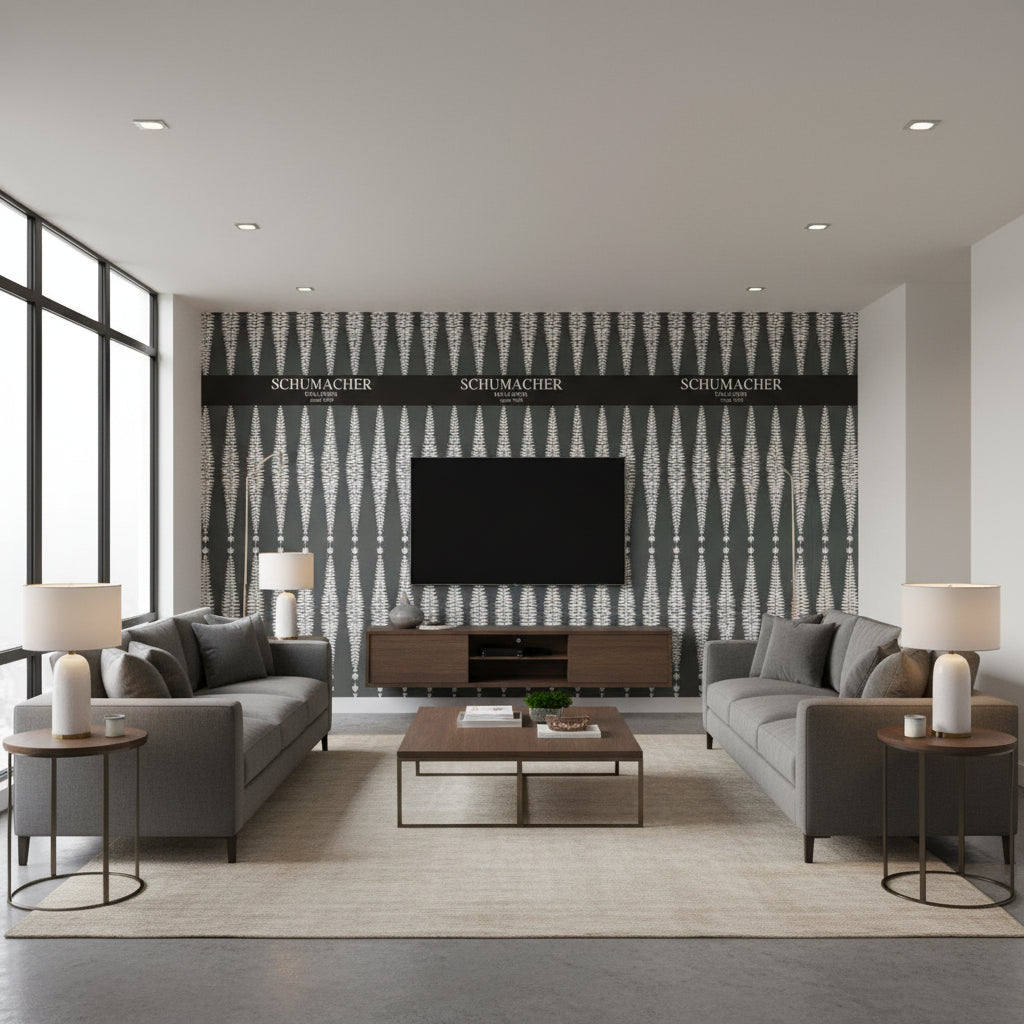 Fern Tree Graphite | Schumacher Wallcovering - Living Room Visualization (AI-generated, may not be to scale. Verify pattern scale with product specifications.)
