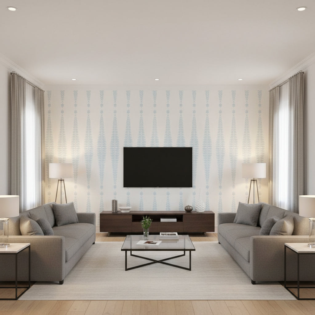 Fern Tree Sky | Schumacher Wallcovering - Living Room Visualization (AI-generated, may not be to scale. Verify pattern scale with product specifications.)