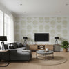 Ottoman Flower Heliotrope | Schumacher Wallcovering - Living Room Visualization (AI-generated, may not be to scale. Verify pattern scale with product specifications.)