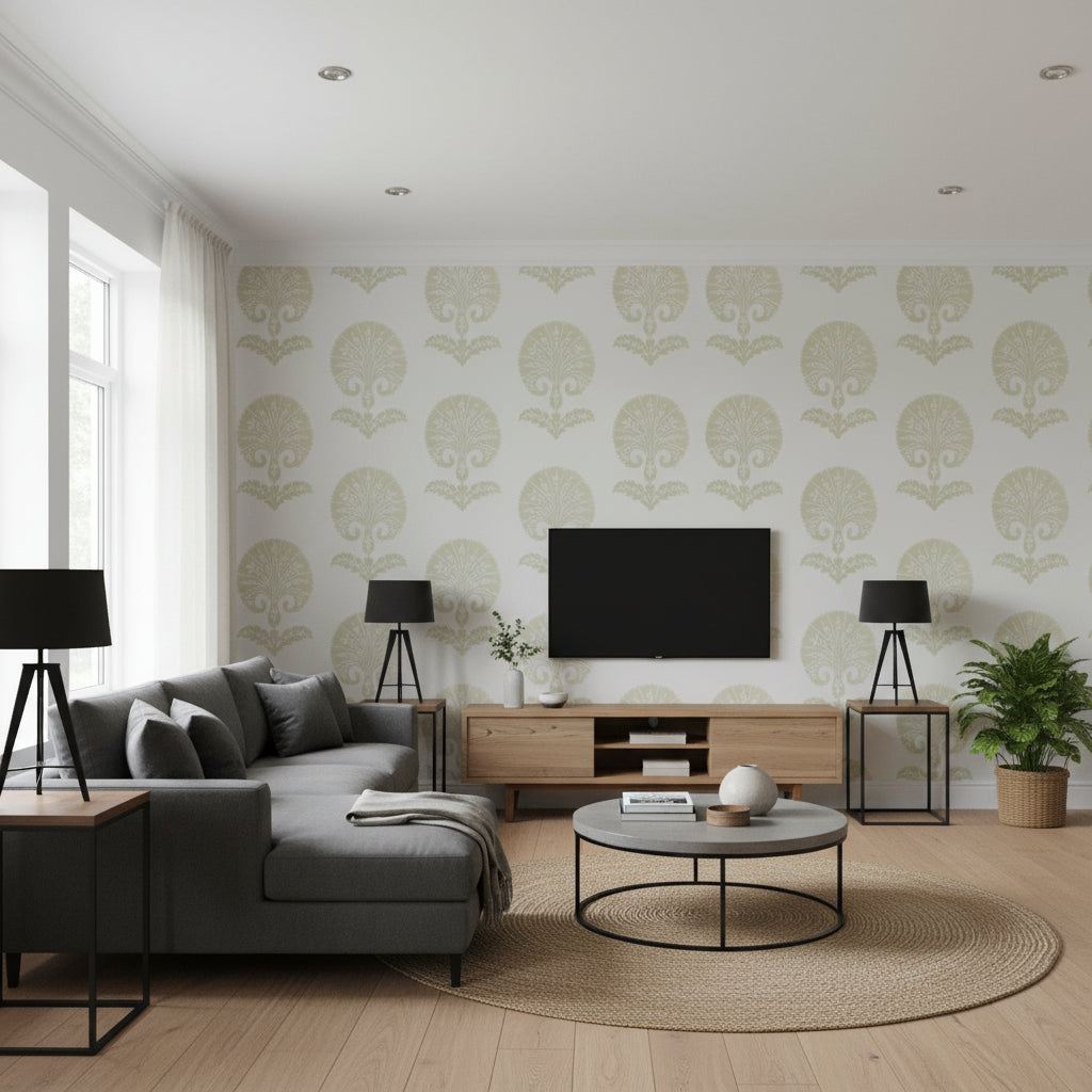 Ottoman Flower Heliotrope | Schumacher Wallcovering - Living Room Visualization (AI-generated, may not be to scale. Verify pattern scale with product specifications.)
