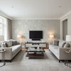 Leafy Scroll Dove | Schumacher Wallcovering - Living Room Visualization (AI-generated, may not be to scale. Verify pattern scale with product specifications.)