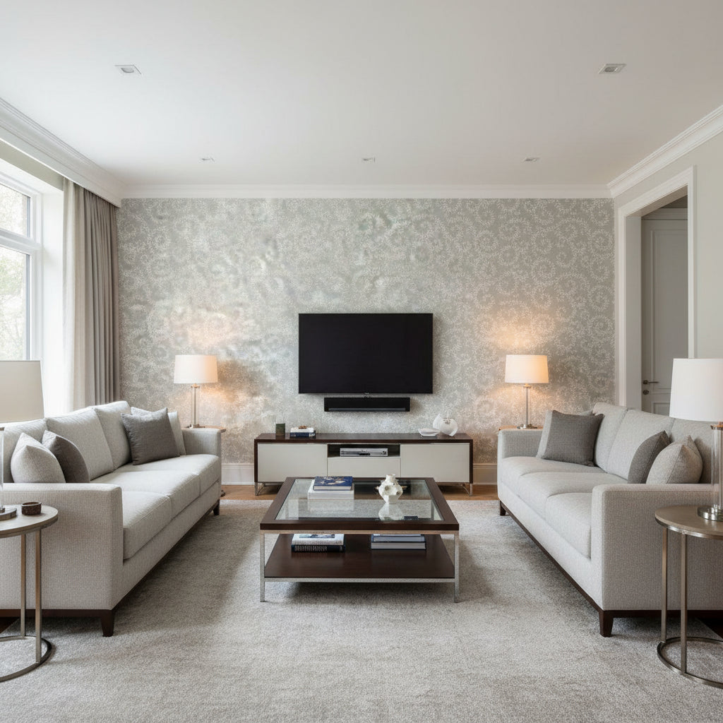 Leafy Scroll Dove | Schumacher Wallcovering - Living Room Visualization (AI-generated, may not be to scale. Verify pattern scale with product specifications.)