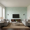 Leafy Scroll Sky | Schumacher Wallcovering - Living Room Visualization (AI-generated, may not be to scale. Verify pattern scale with product specifications.)