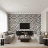 Shadow Vine Charcoal | Schumacher Wallcovering - Living Room Visualization (AI-generated, may not be to scale. Verify pattern scale with product specifications.)