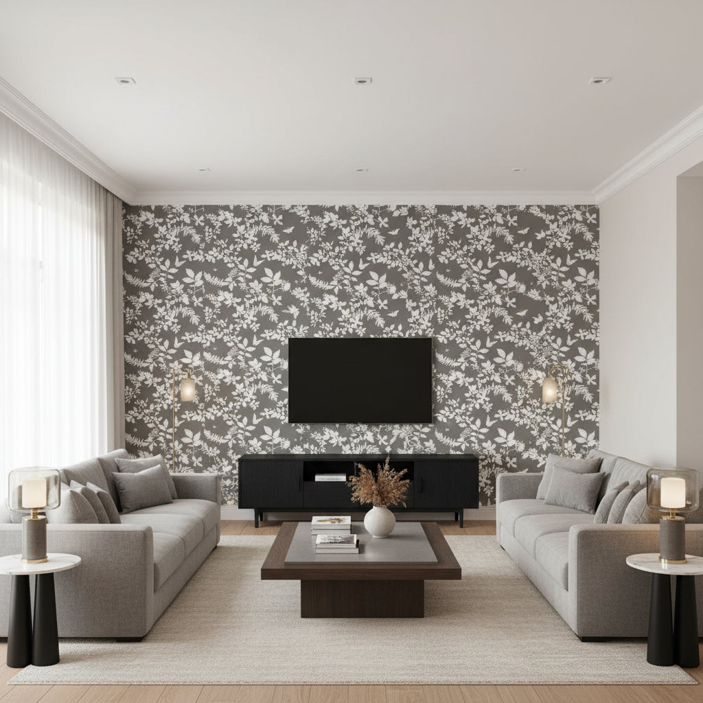 Shadow Vine Charcoal | Schumacher Wallcovering - Living Room Visualization (AI-generated, may not be to scale. Verify pattern scale with product specifications.)