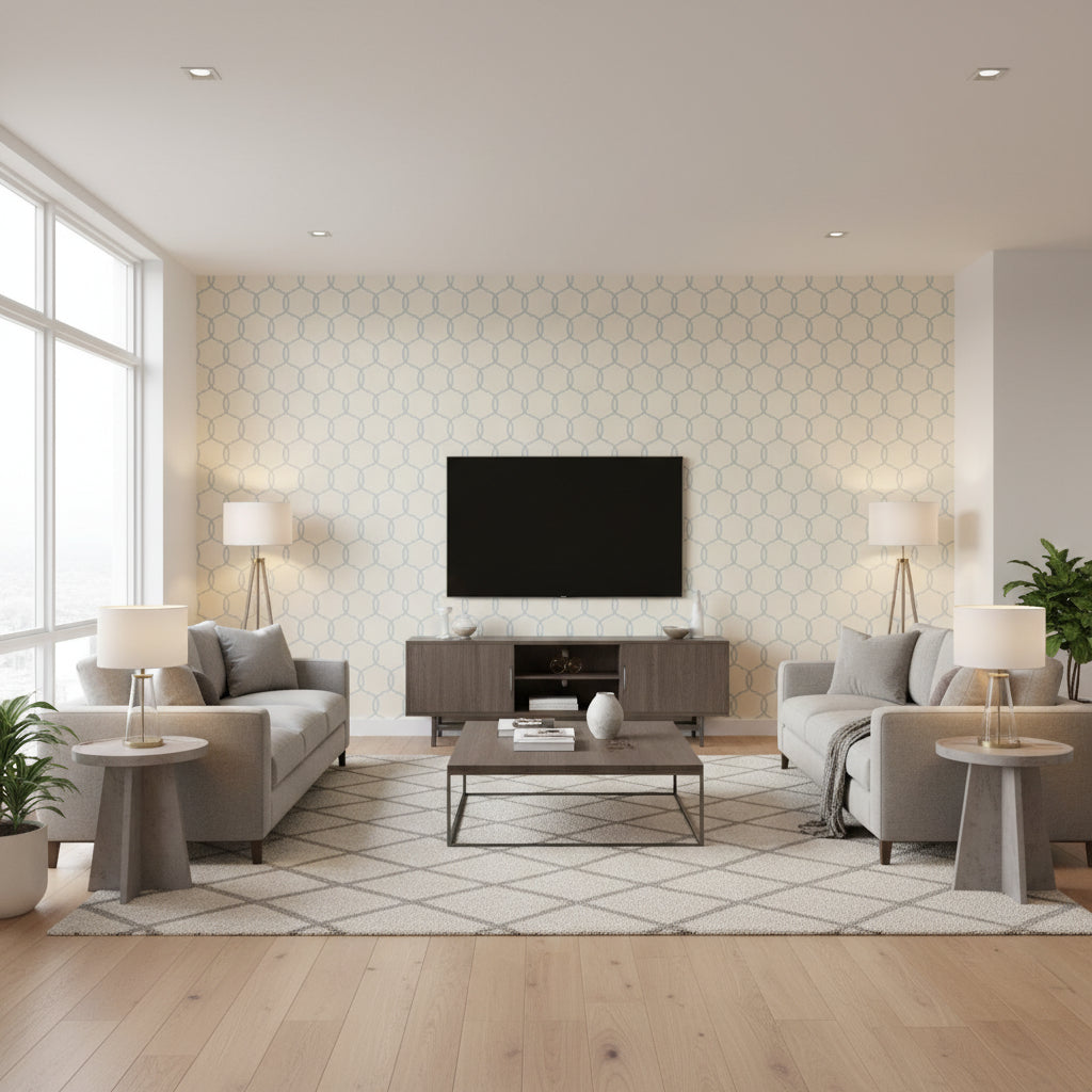 Tracery Sky | Schumacher Wallcovering - Living Room Visualization (AI-generated, may not be to scale. Verify pattern scale with product specifications.)