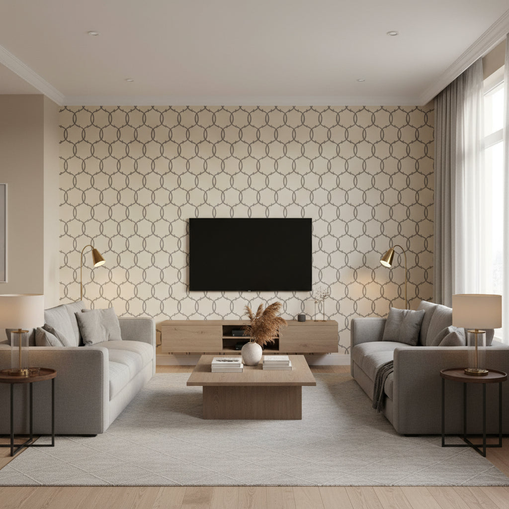 Tracery Charcoal | Schumacher Wallcovering - Living Room Visualization (AI-generated, may not be to scale. Verify pattern scale with product specifications.)