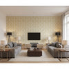 Summer Palace Fret Sand | Schumacher Wallcovering - Living Room Visualization (AI-generated, may not be to scale. Verify pattern scale with product specifications.)