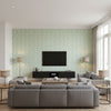 Summer Palace Fret Mineral | Schumacher Wallcovering - Living Room Visualization (AI-generated, may not be to scale. Verify pattern scale with product specifications.)
