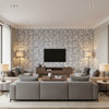 Shantung Silhouette Print Wisteria | Schumacher Wallcovering - Living Room Visualization (AI-generated, may not be to scale. Verify pattern scale with product specifications.)