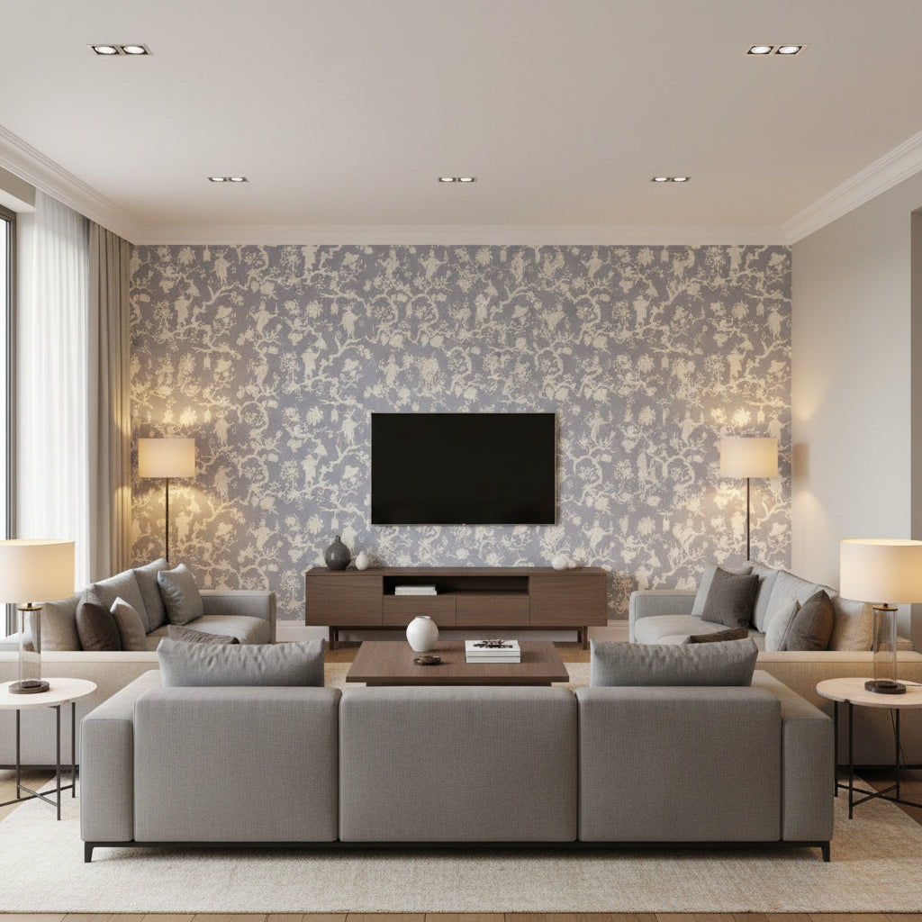 Shantung Silhouette Print Wisteria | Schumacher Wallcovering - Living Room Visualization (AI-generated, may not be to scale. Verify pattern scale with product specifications.)