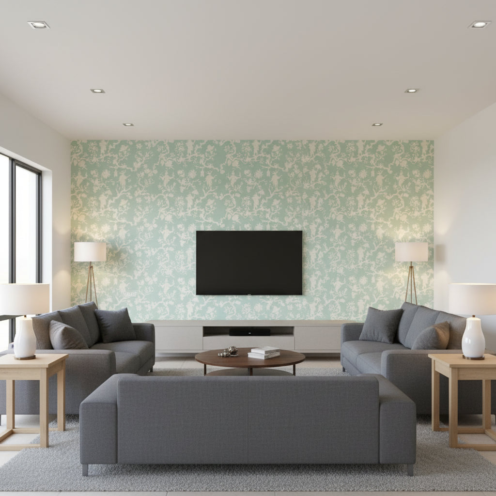 Shantung Silhouette Print Mineral | Schumacher Wallcovering - Living Room Visualization (AI-generated, may not be to scale. Verify pattern scale with product specifications.)