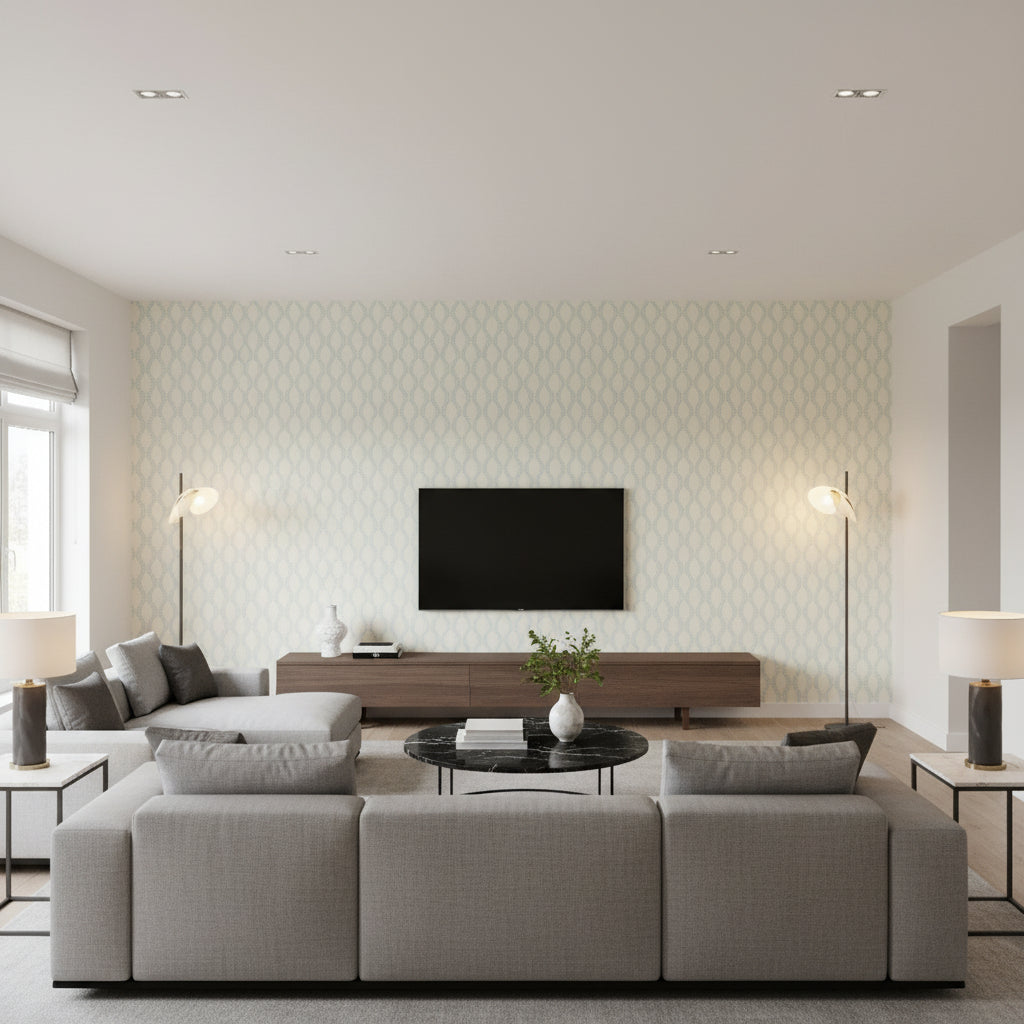 Ribbon Wave Mineral | Schumacher Wallcovering - Living Room Visualization (AI-generated, may not be to scale. Verify pattern scale with product specifications.)