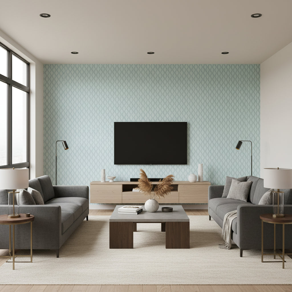 Ribbon Wave Aqua | Schumacher Wallcovering - Living Room Visualization (AI-generated, may not be to scale. Verify pattern scale with product specifications.)