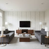 Katsura Stripe Oyster | Schumacher Wallcovering - Living Room Visualization (AI-generated, may not be to scale. Verify pattern scale with product specifications.)