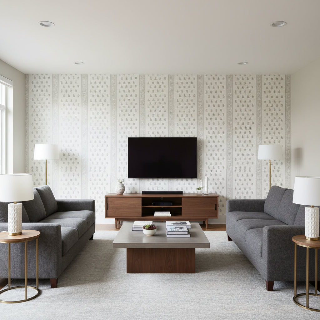 Katsura Stripe Oyster | Schumacher Wallcovering - Living Room Visualization (AI-generated, may not be to scale. Verify pattern scale with product specifications.)