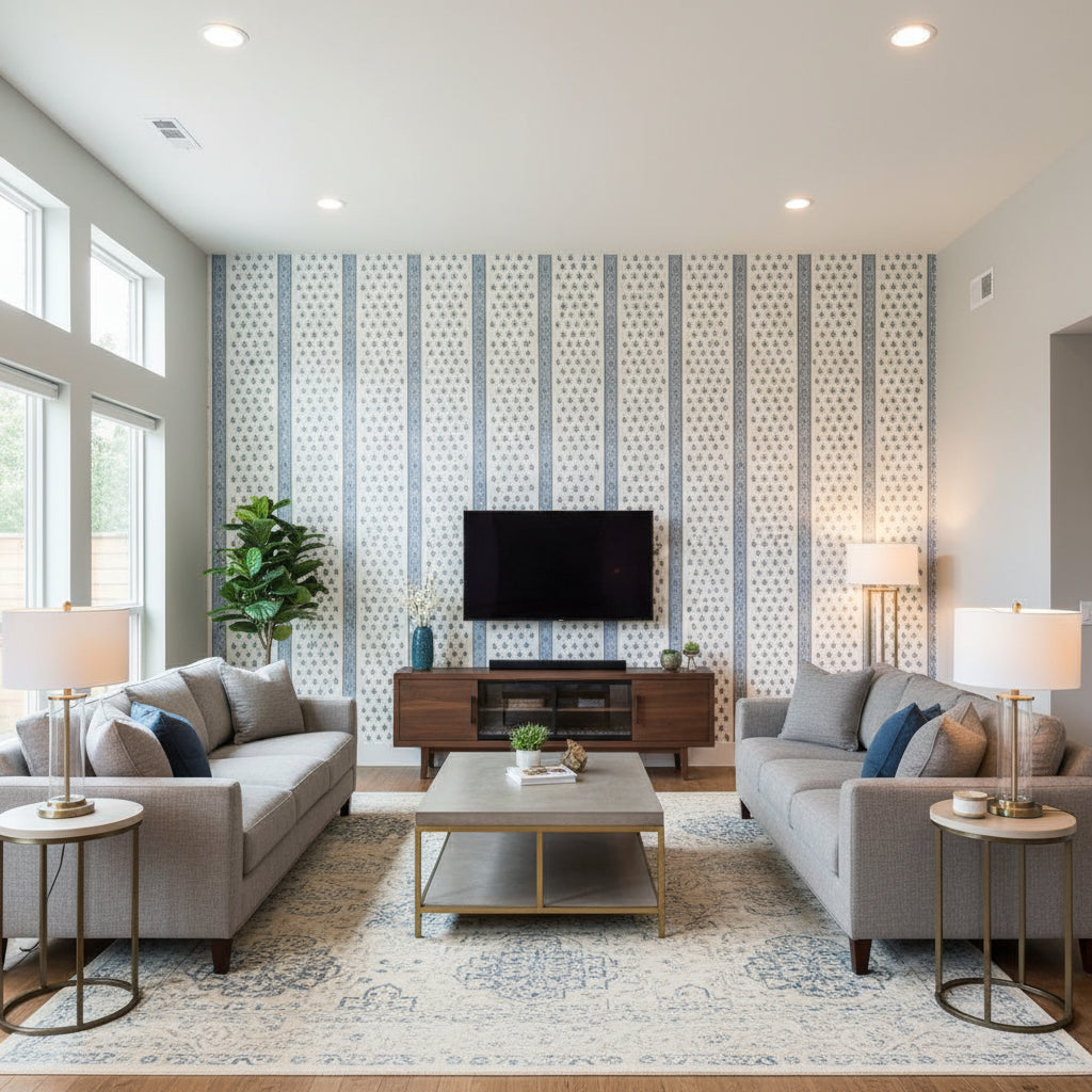 Katsura Stripe Delft | Schumacher Wallcovering - Living Room Visualization (AI-generated, may not be to scale. Verify pattern scale with product specifications.)