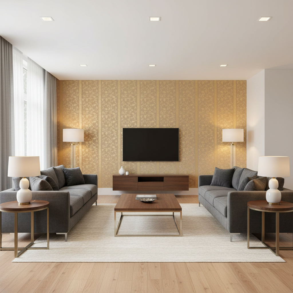 Khanpur Vine Gilt | Schumacher Wallcovering - Living Room Visualization (AI-generated, may not be to scale. Verify pattern scale with product specifications.)
