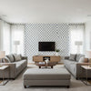 Bakara Leaf Delft | Schumacher Wallcovering - Living Room Visualization (AI-generated, may not be to scale. Verify pattern scale with product specifications.)