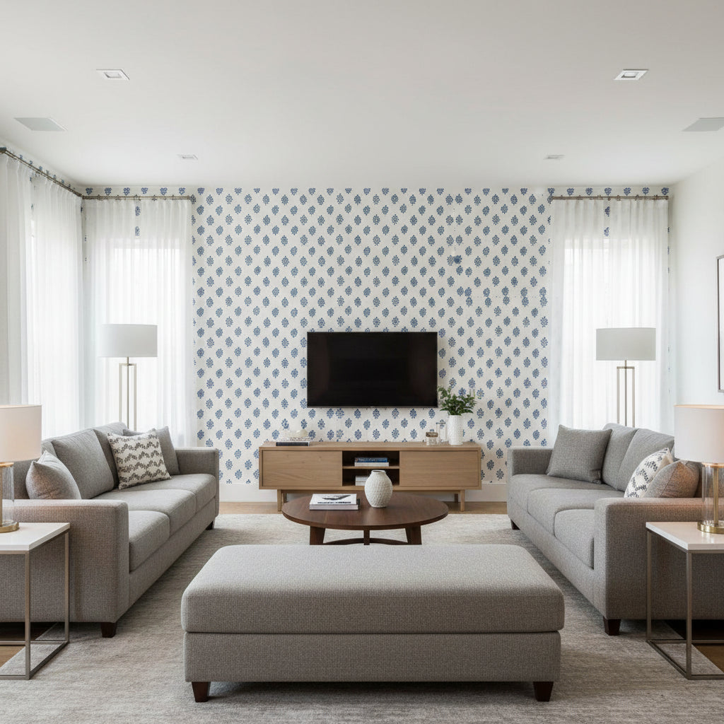 Bakara Leaf Delft | Schumacher Wallcovering - Living Room Visualization (AI-generated, may not be to scale. Verify pattern scale with product specifications.)
