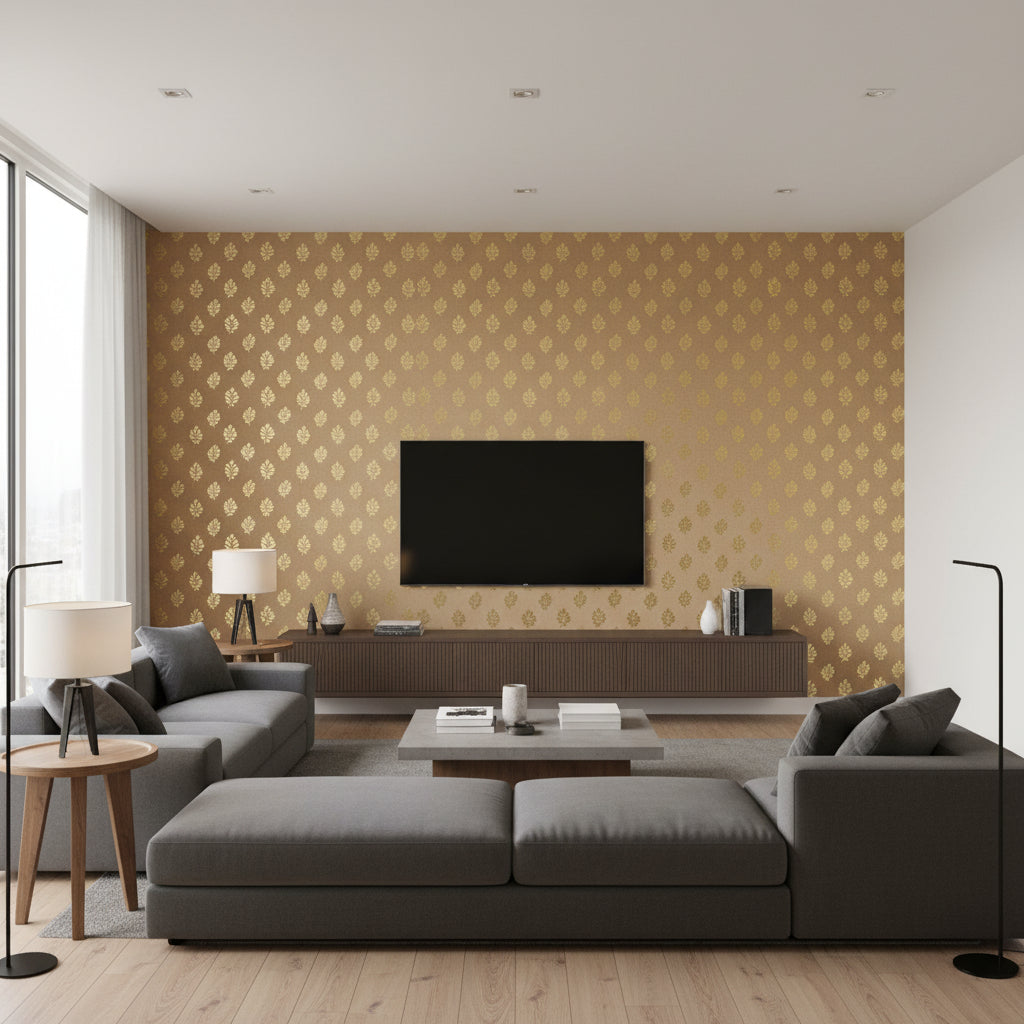 Bakara Leaf Gilt | Schumacher Wallcovering - Living Room Visualization (AI-generated, may not be to scale. Verify pattern scale with product specifications.)