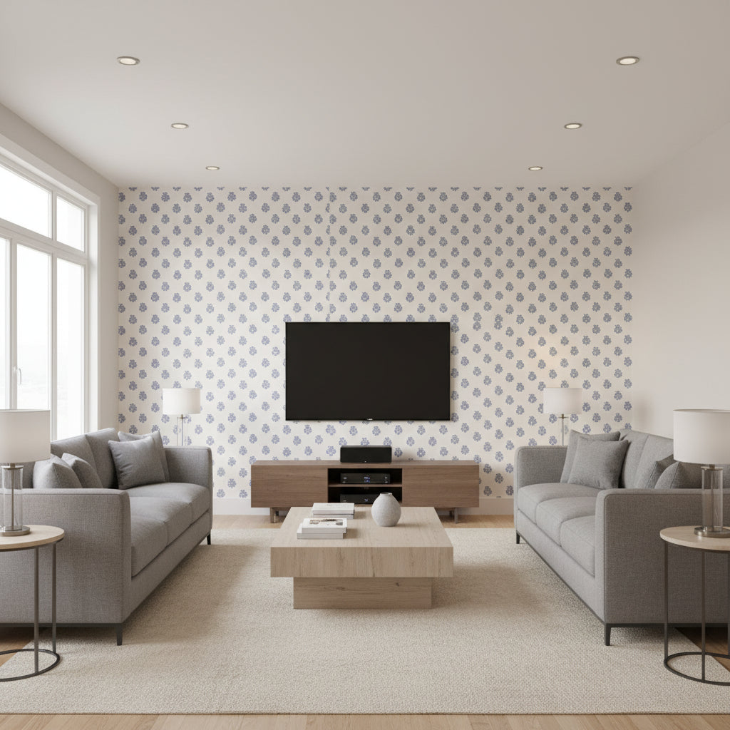 Kaladera Delft | Schumacher Wallcovering - Living Room Visualization (AI-generated, may not be to scale. Verify pattern scale with product specifications.)