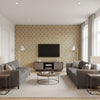 Kaladera Turquoise | Schumacher Wallcovering - Living Room Visualization (AI-generated, may not be to scale. Verify pattern scale with product specifications.)