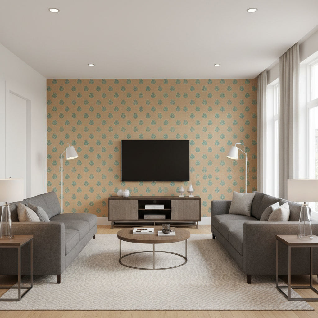 Kaladera Turquoise | Schumacher Wallcovering - Living Room Visualization (AI-generated, may not be to scale. Verify pattern scale with product specifications.)