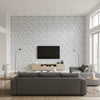 Kyara Vine Delft | Schumacher Wallcovering - Living Room Visualization (AI-generated, may not be to scale. Verify pattern scale with product specifications.)