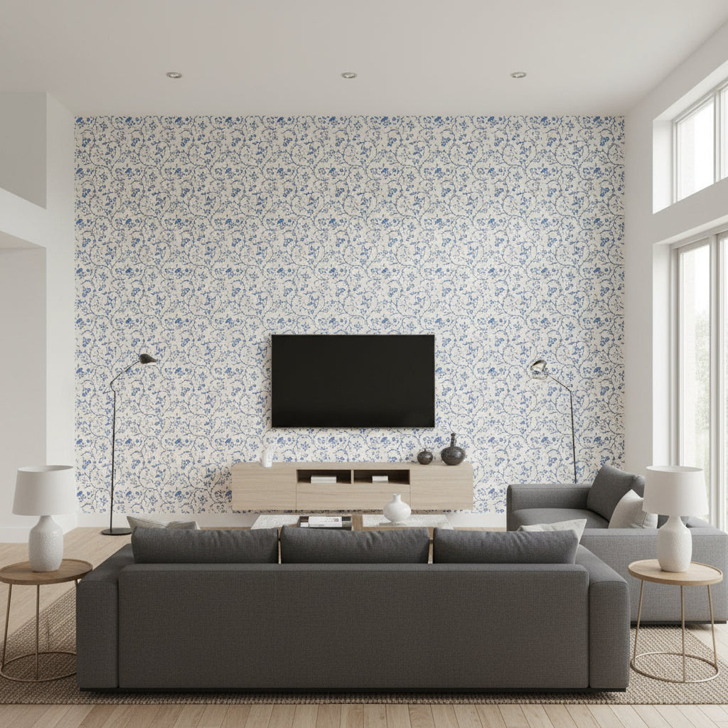 Kyara Vine Delft | Schumacher Wallcovering - Living Room Visualization (AI-generated, may not be to scale. Verify pattern scale with product specifications.)