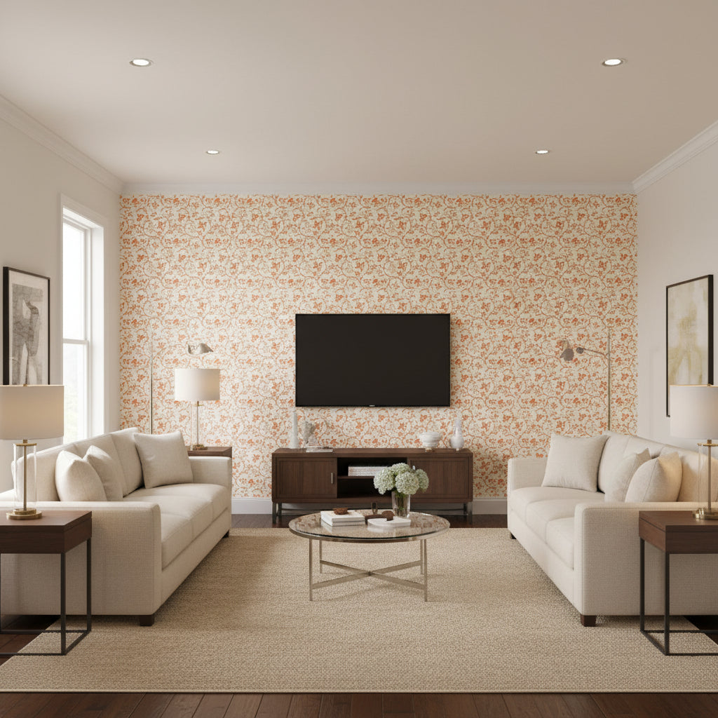 Kyara Vine Valencia | Schumacher Wallcovering - Living Room Visualization (AI-generated, may not be to scale. Verify pattern scale with product specifications.)
