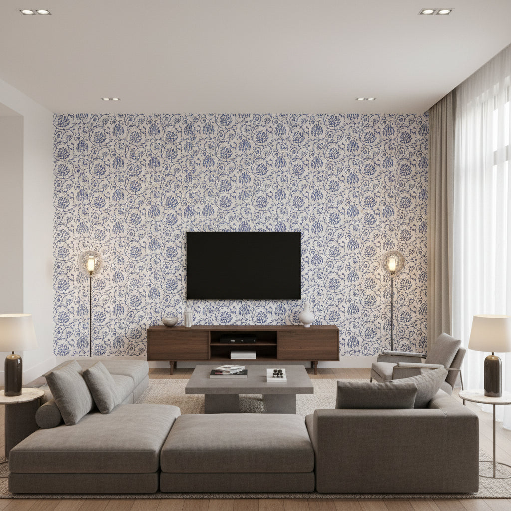 Sarana Vine Delft | Schumacher Wallcovering - Living Room Visualization (AI-generated, may not be to scale. Verify pattern scale with product specifications.)