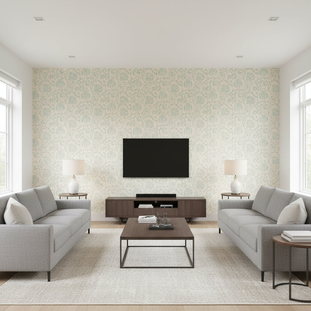 Sarana Vine Water Blue | Schumacher Wallcovering - Living Room Visualization (AI-generated, may not be to scale. Verify pattern scale with product specifications.)