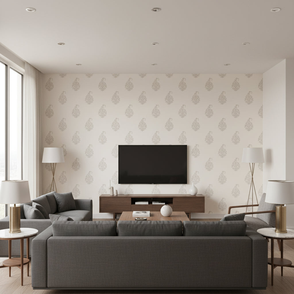 Kerala Paisley Oyster | Schumacher Wallcovering - Living Room Visualization (AI-generated, may not be to scale. Verify pattern scale with product specifications.)