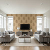 Madras Paisley Tabac | Schumacher Wallcovering - Living Room Visualization (AI-generated, may not be to scale. Verify pattern scale with product specifications.)
