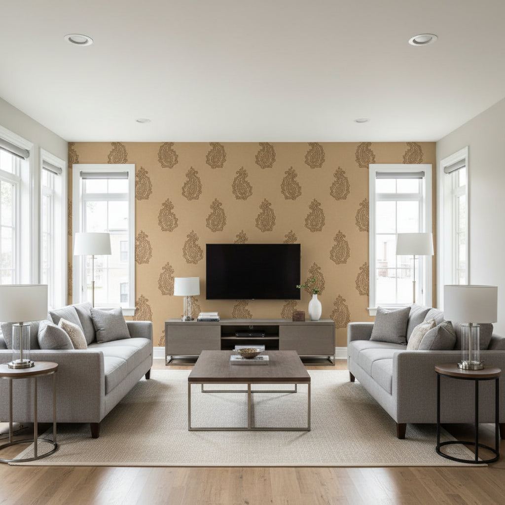 Madras Paisley Tabac | Schumacher Wallcovering - Living Room Visualization (AI-generated, may not be to scale. Verify pattern scale with product specifications.)