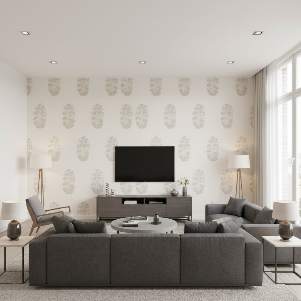 Askandra Flower Oyster | Schumacher Wallcovering - Living Room Visualization (AI-generated, may not be to scale. Verify pattern scale with product specifications.)