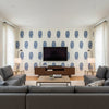 Askandra Flower Delft | Schumacher Wallcovering - Living Room Visualization (AI-generated, may not be to scale. Verify pattern scale with product specifications.)