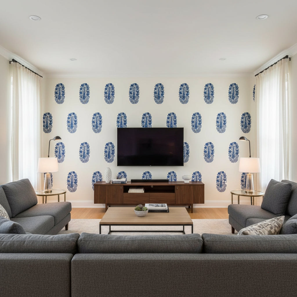 Askandra Flower Delft | Schumacher Wallcovering - Living Room Visualization (AI-generated, may not be to scale. Verify pattern scale with product specifications.)