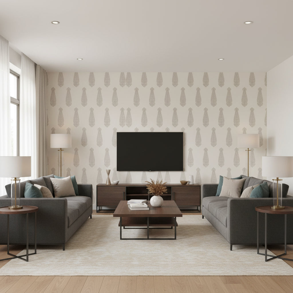 Katara Paisley Oyster | Schumacher Wallcovering - Living Room Visualization (AI-generated, may not be to scale. Verify pattern scale with product specifications.)