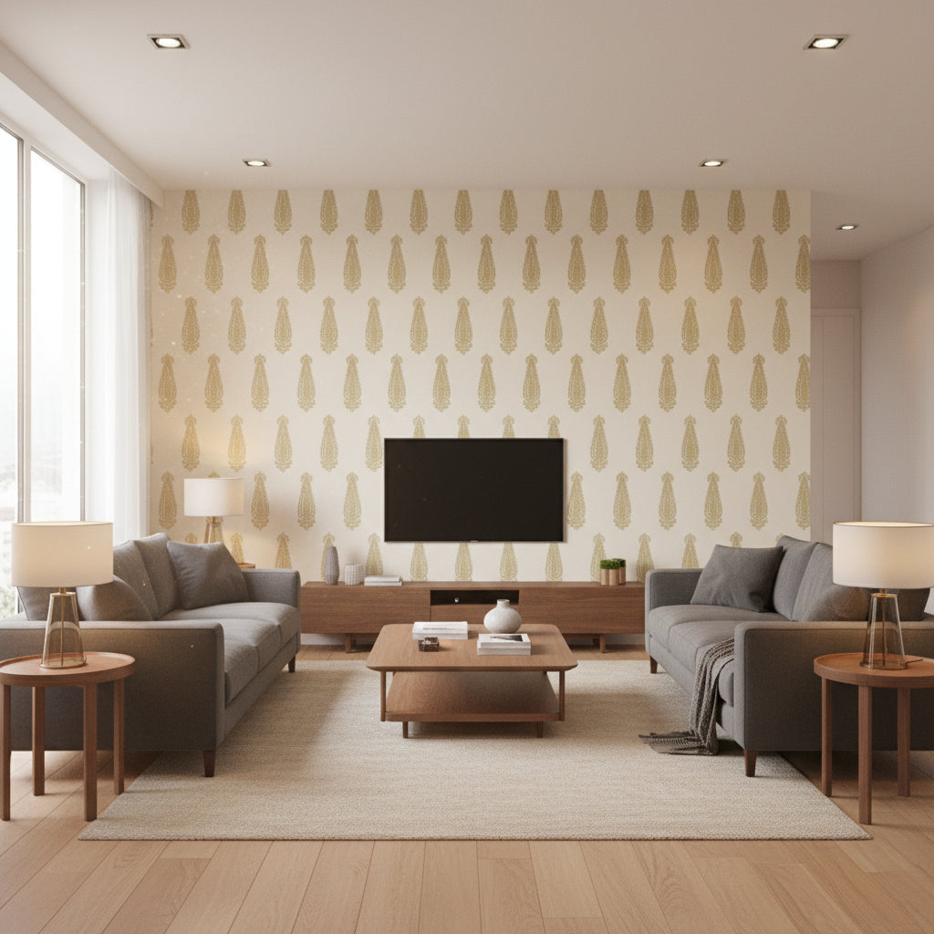 Katara Paisley Straw | Schumacher Wallcovering - Living Room Visualization (AI-generated, may not be to scale. Verify pattern scale with product specifications.)